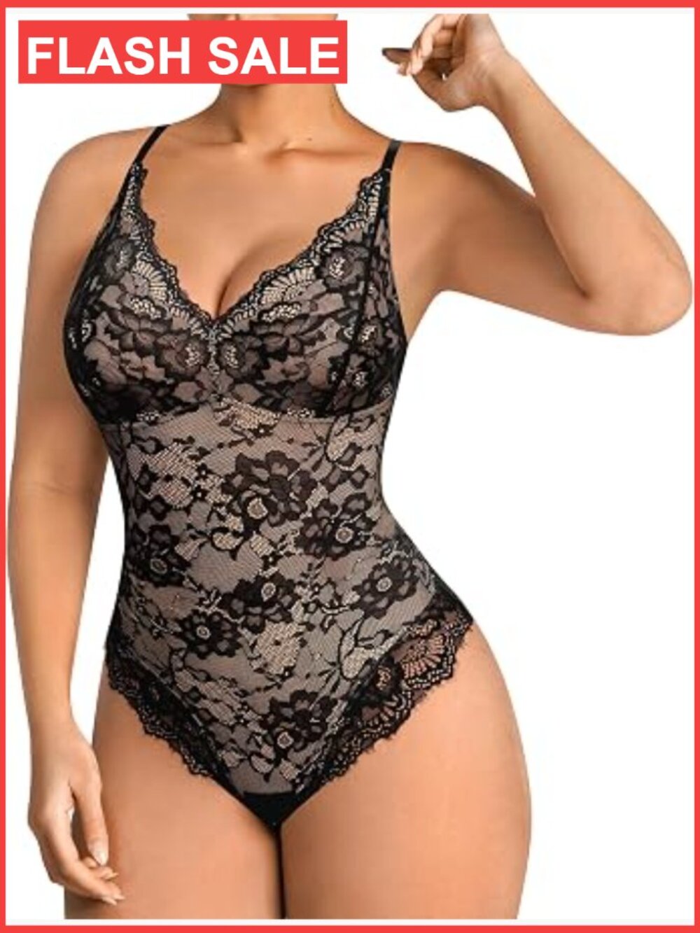 Women's Lace Shapewear Bodysuit Tummy Control V-Neck Sleeveless Jumpsuit Thong